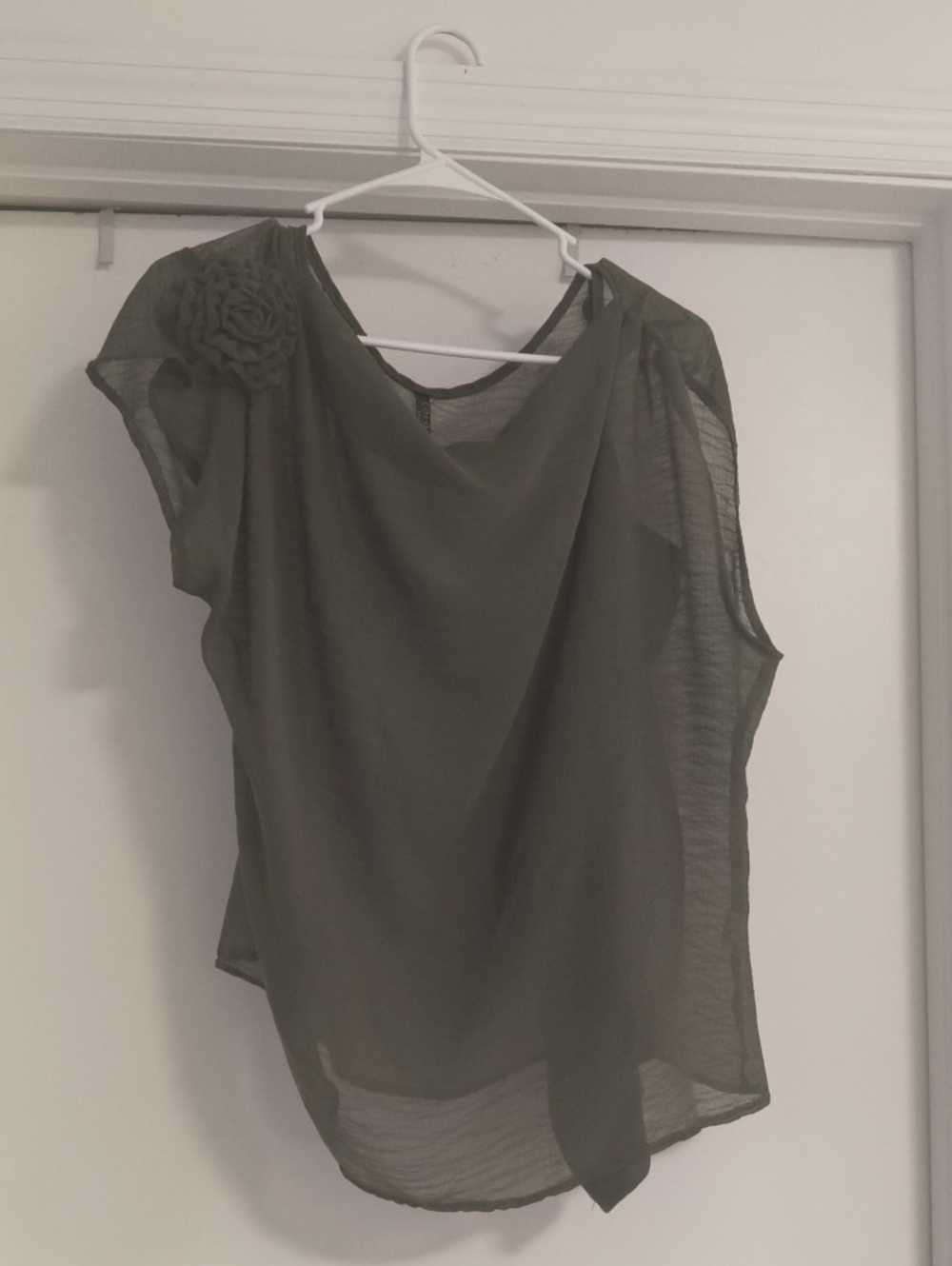 Sheer Olive Green Floral-Accent Women's Top
